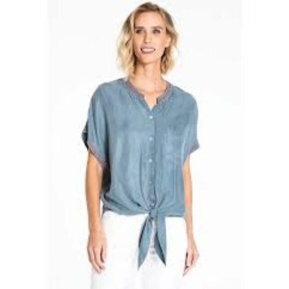John Mark Soft Chambray Blue Button Boho Blouse Embroidered Front Tie M Cottage - Picture 1 of 12